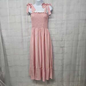 Tobrief Pink Midi Dress Smocked Coquette Sleeveless Boho Romantic L